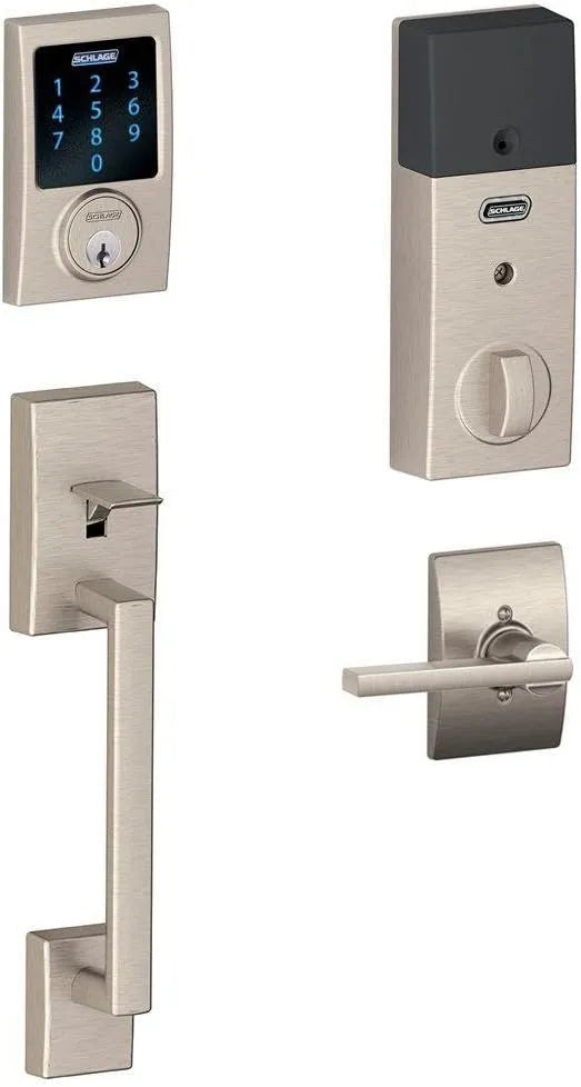SCHLAGE Connect Century Touchscreen Deadbolt with Built-In Alarm and Handleset Grip with Latitude Lever, Satin Nickel, FE469NX LAT 619 CEN