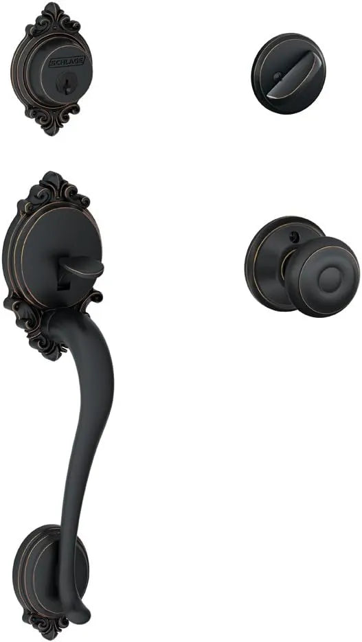 SCHLAGE Brookshire Single Cylinder Handleset and Georgian Knob, Aged Bronze (F60 BRK 716 GEO)