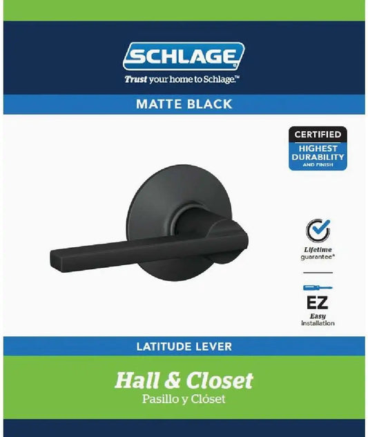 SCHLAGE Latitude Hall/Closet Passage Door Handle, Reversible, Matte Black