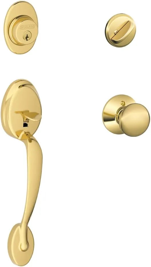 SCHLAGE Plymouth Single Cylinder Handleset and Plymouth Knob, Bright Brass (F60 PLY 605)