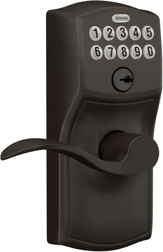 Schlage Electronic Keypad Lock, Lever Handle, Camelot Trim, Aged Bronze