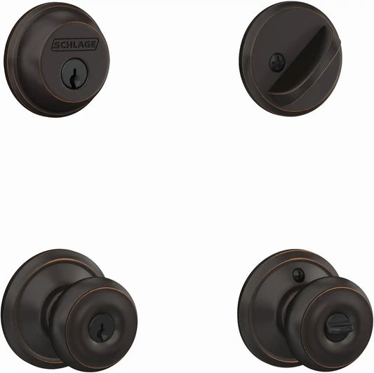 Schlage Deadbolt & Door Knob Set, Georgian Knob, Aged Bronze