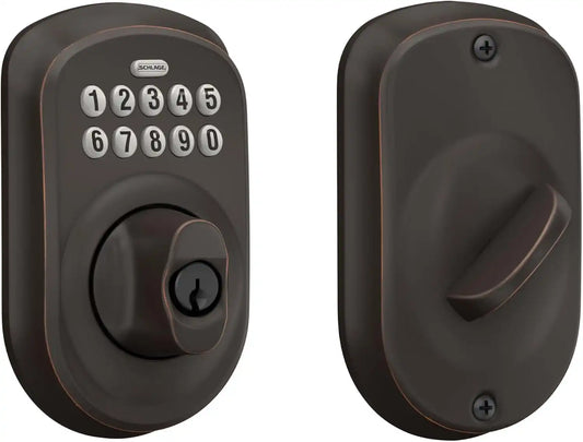 Schlage BE365 PLY 716 Plymouth Keypad Deadbolt, Electronic Keyless Entry Lock, Aged Bronze