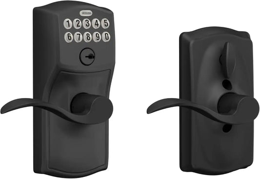 Schlage Electronic Keypad Lock, Lever Handle, Camelot Trim, Matte Black