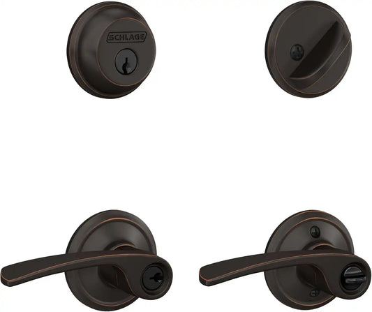 Schlage Deadbolt & Door Handle Set, Merano Lever, Aged Bronze