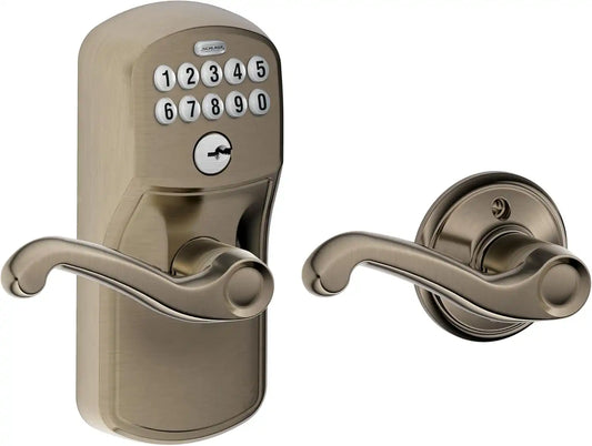 Schlage Electronic Keypad Lock, Lever Handle, Plymouth Trim, Antique Pewter