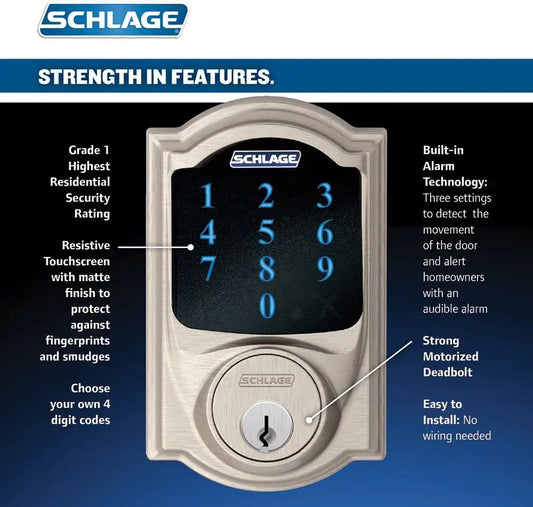 SCHLAGE Connect Camelot Touchscreen Deadbolt with Built-In Alarm and Handleset Grip with Accent Lever, Satin Nickel, FE469NX ACC 619 CAM LH, Works with Alexa
