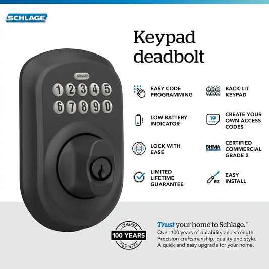Schlage Electronic Keypad Deadbolt Lock, Plymouth Trim, Matte Black