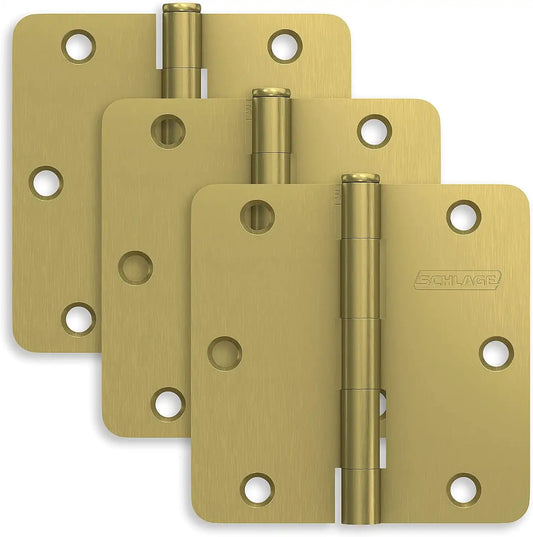 Schlage 3.5" Door Hinge with 1/4" Radius Round Corner in Satin Brass (3-Pack)