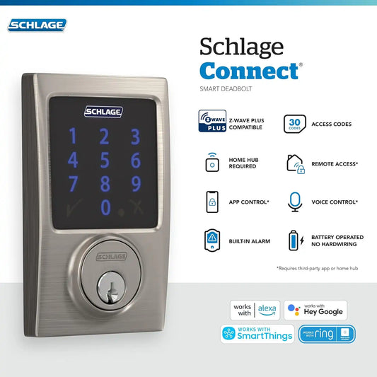 Schlage Connect Smart Deadbolt Lock with Century Trim, Satin Nickel
