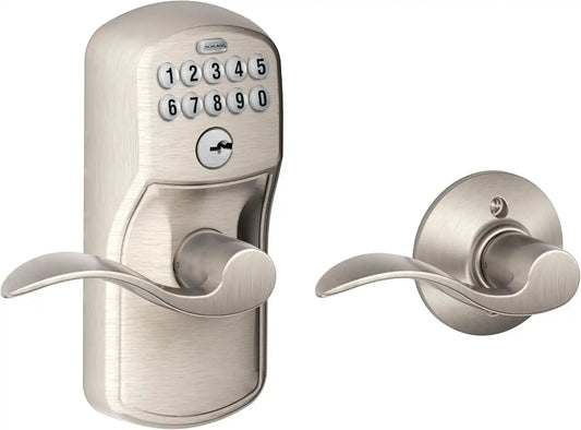 Schlage Electronic Keypad Lock, Lever Handle, Plymouth Trim, Satin Nickel