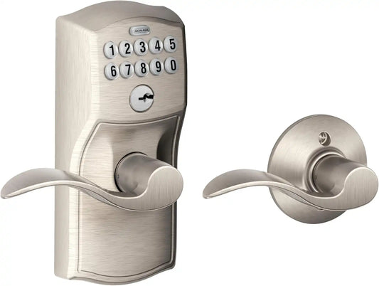 Schlage Electronic Keypad Lock, Lever Handle, Camelot Trim, Satin Nickel