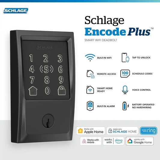 Schlage Encode Plus Smart WiFi Deadbolt Lock, Tap to Unlock, Matte Black