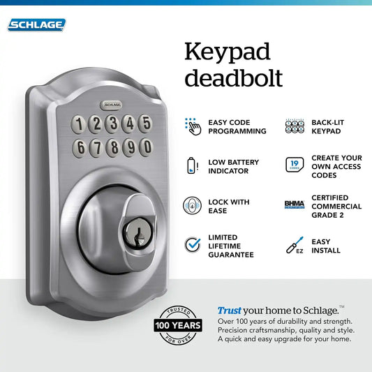 Schlage Electronic Keypad Deadbolt Lock, Camelot Trim, Satin Chrome