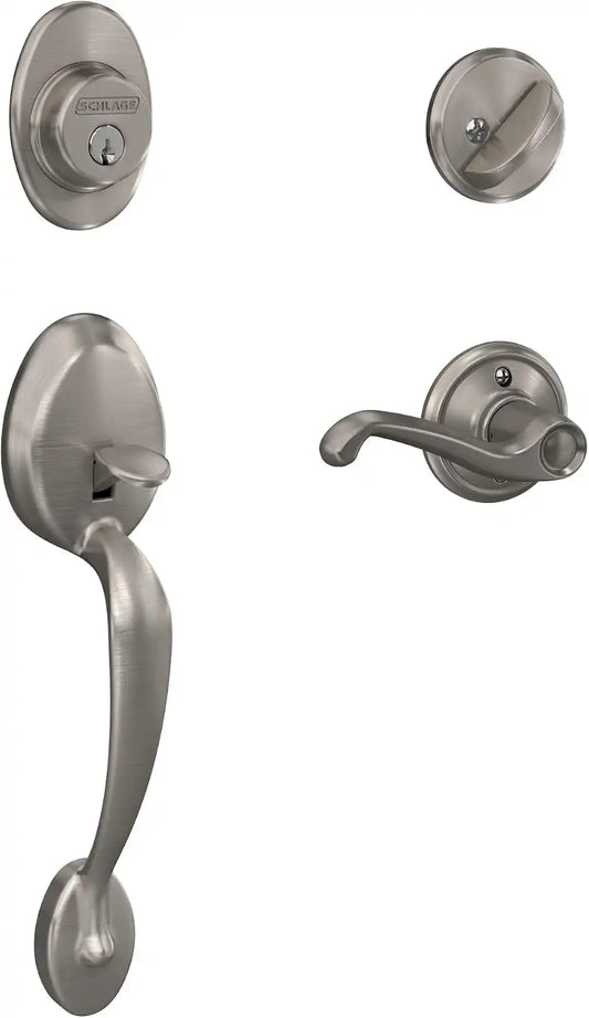 Schlage F60 V PLY 619 FLA Plymouth Front Entry Handleset with Flair Lever, Deadbolt Keyed 1 Side, Satin Nickel