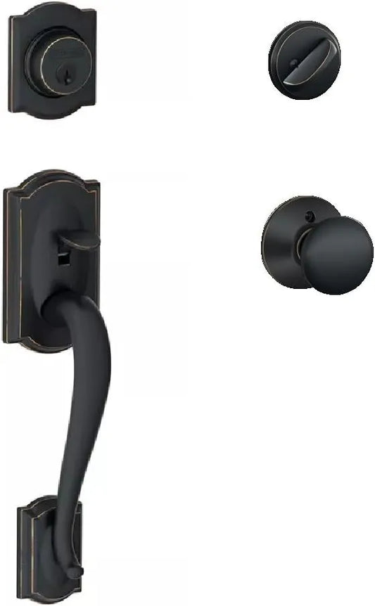Schlage F60CAM716PLY Camelot Active Door Handleset with Plymouth Interior, Aged Bronze