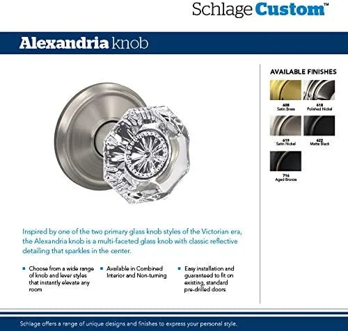 Schlage Custom FC21 ALX 716 CAM Alexandria Glass Knob with Camelot Trim Hall-Closet and Bed-Bath Lock, Aged Bronze