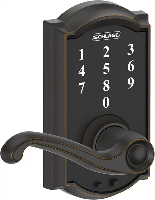 Schlage Touch Electronic Lock, Lever Handle, Camelot Trim, Aged Bronze