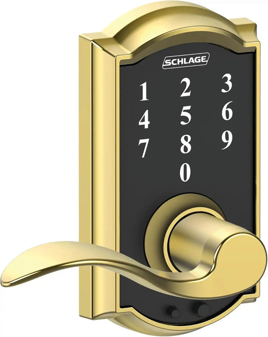 Schlage Touch Electronic Lock, Lever Handle, Camelot Trim, Bright Brass