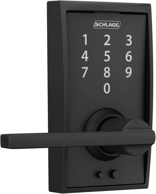 Schlage Touch Electronic Lock, Lever Handle, Century Trim, Matte Black