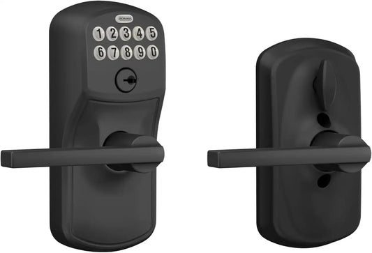 Schlage Electronic Keypad Lock, Lever Handle, Plymouth Trim, Matte Black