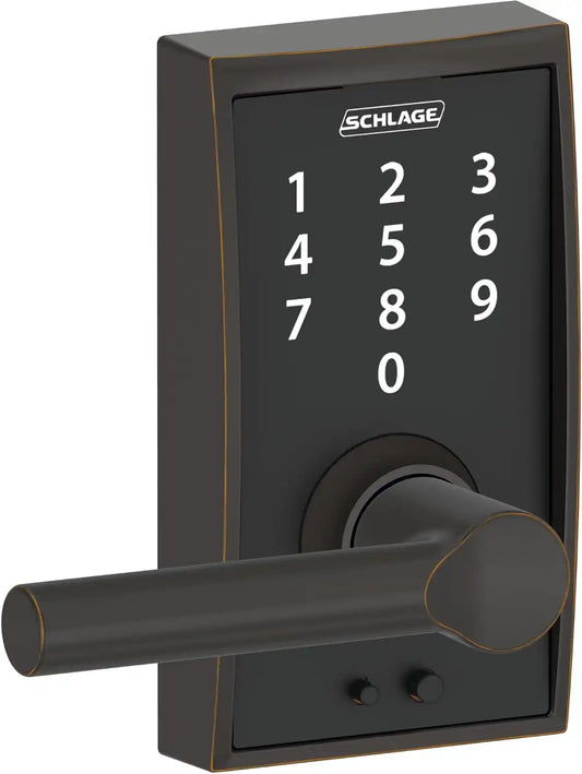 Schlage Touch Electronic Lock, Lever Handle, Century Trim, Aged Bronze