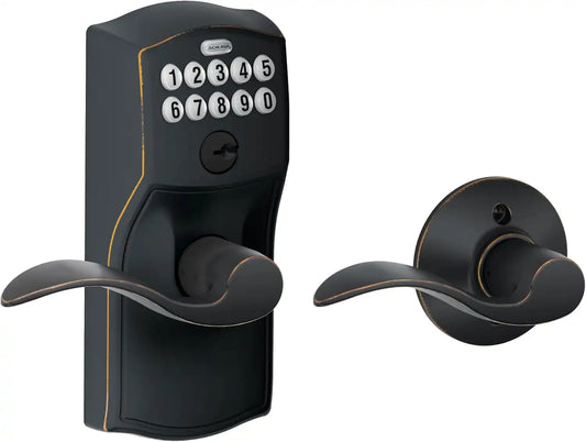 Schlage Electronic Keypad Lock, Lever Handle, Camelot Trim, Aged Bronze