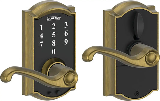 Schlage Touch Electronic Lock, Lever Handle, Camelot Trim, Antique Brass