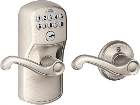 Schlage Electronic Keypad Lock, Lever Handle, Camelot Trim, Satin Nickel