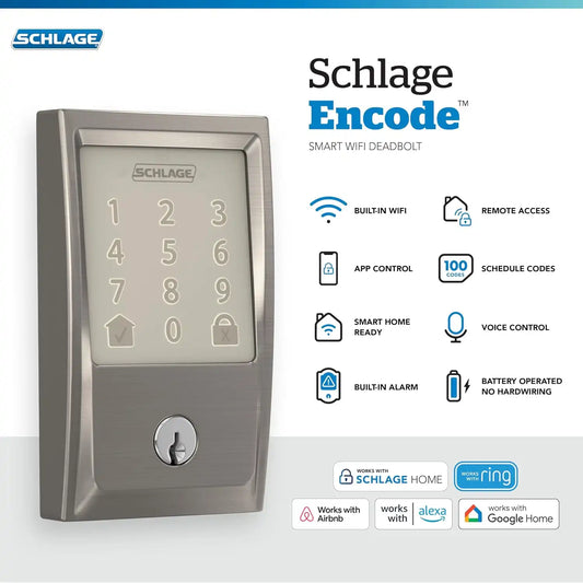 Schlage Encode Smart WiFi Deadbolt Lock with Century Trim, Satin Nickel