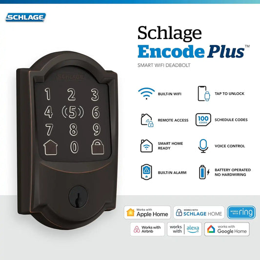 Schlage Encode Plus Smart WiFi Deadbolt Lock, Tap to Unlock, Aged Bronze