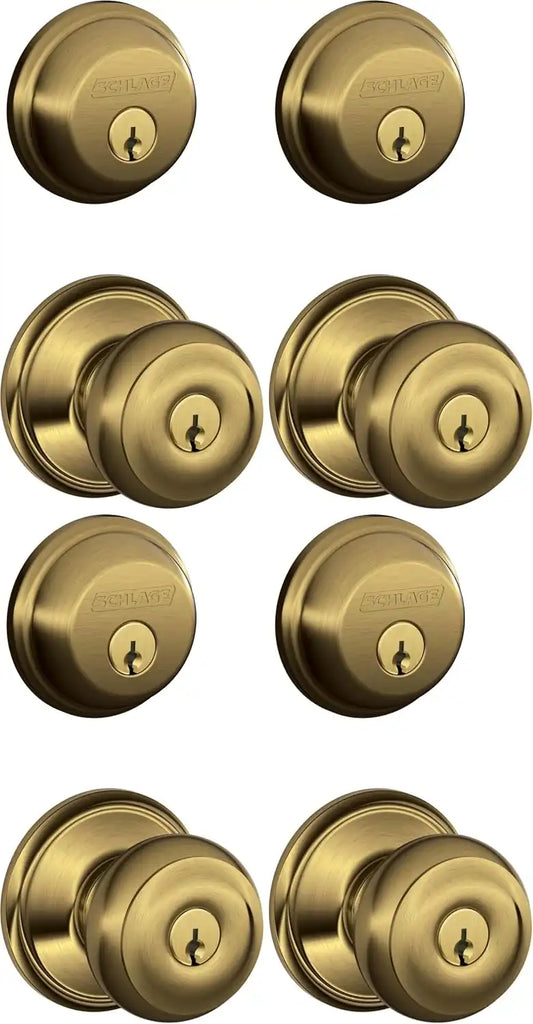SCHLAGE FB50 V GEO 609 Single Cylinder Deadbolt and Keyed Entry Georgian Knob, Antique Brass (Pack of 4)