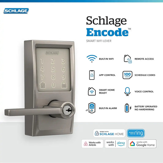 Schlage Encode Smart WiFi Lock, Lever Handle, Camelot Trim, Satin Nickel