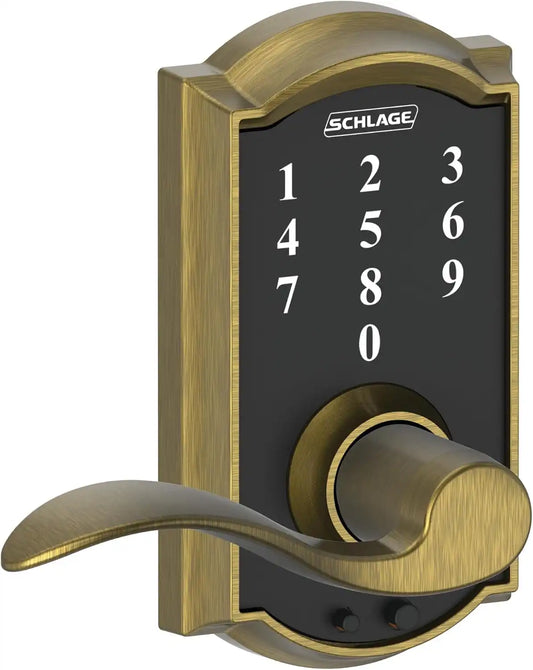 Schlage Touch Electronic Lock, Lever Handle, Camelot Trim, Antique Brass