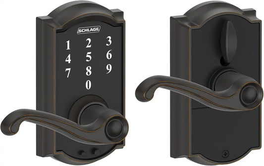 Schlage Touch Electronic Lock, Lever Handle, Camelot Trim, Aged Bronze