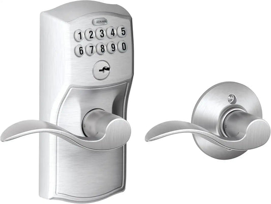 Schlage Electronic Keypad Lock, Lever Handle, Camelot Trim, Satin Chrome