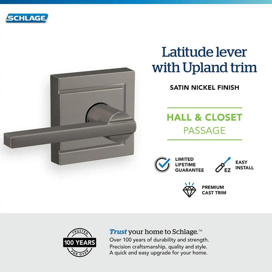 Schlage Latitude Hall/Closet Passage Door Handle, Reversible, Satin Nickel