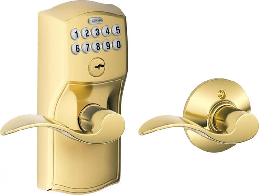 Schlage Electronic Keypad Lock, Lever Handle, Plymouth Trim, Bright Brass